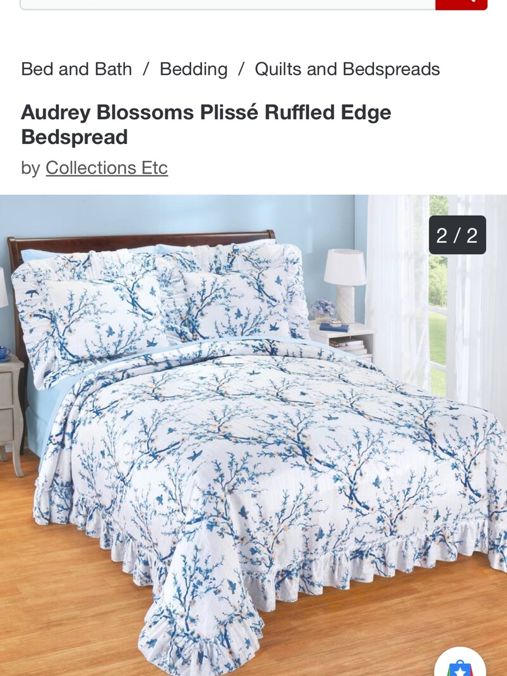 Audrey Blossoms Plissé Ruffled Edge Bedspread - Blue and White Full NO SHAMS